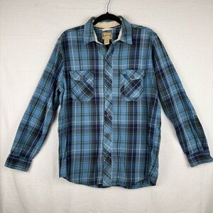 Roebuck & Co Blue and Green Plaid Button Up, Elbow Pads, Men’s L, Long Sleeve